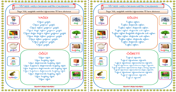 1. Sınıf İlk Okuma Yazma Ğ-ğ Sesi Hızlı Okuma Metin Çalışması