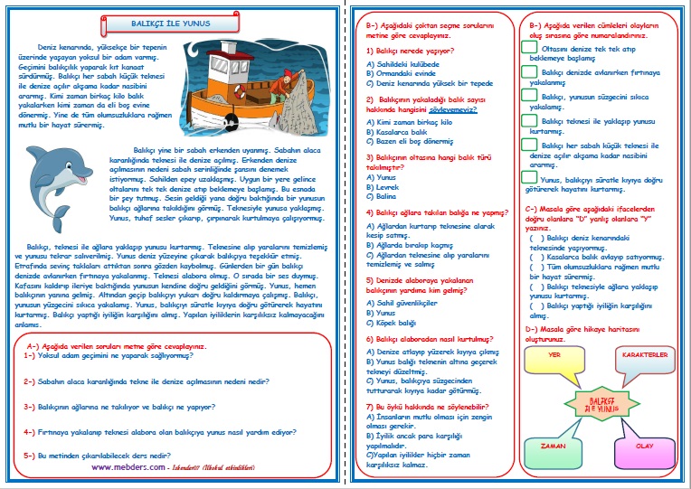 3.Sınıf Türkçe Balıkçı ile Yunus Okuma Anlama Metin Çalışması  4