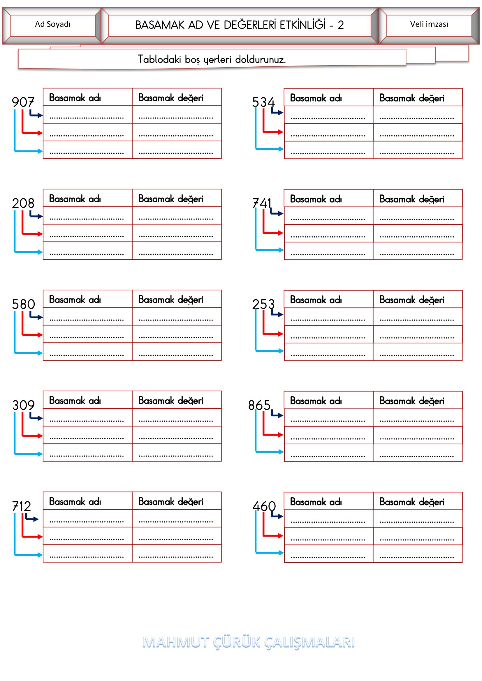 3.Sınıf - Matematik Basamak Ad ve Değerleri Etkinliği-2