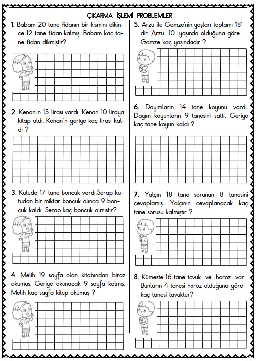 1. Sınıf Matematik Çıkarma İşlemi Problemler Etkinliği 6