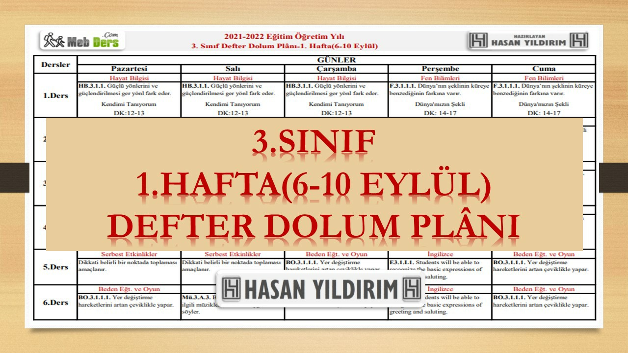 3.Sınıf 1.Hafta(6-10 Eylül) Defter Dolum Planı