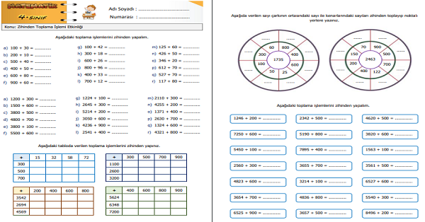 4.Sınıf Matematik Zihinden Toplama İşlemi Etkinliği 1
