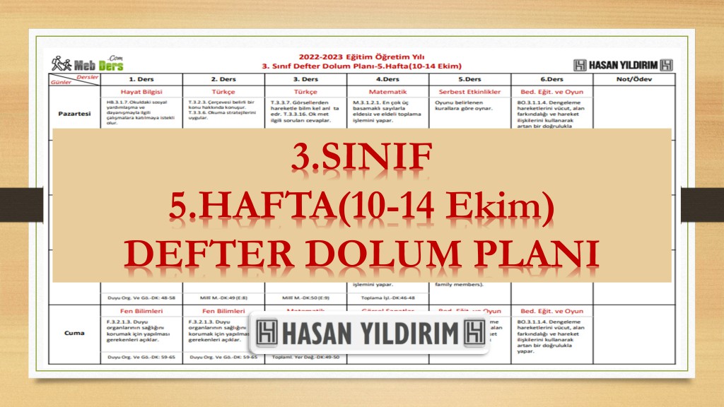 2022-2023 Eğitim Öğretim Yılı 3. Sınıf 5. Hafta (10-14 Ekim) Defter Dolum Planı