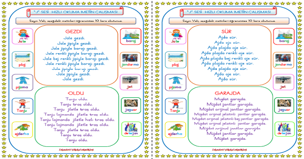 1. Sınıf İlk Okuma Yazma J-j Sesi Hızlı Okuma Metin Çalışmaları
