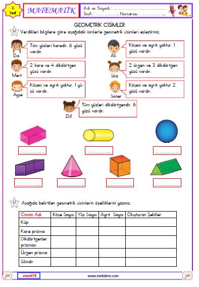 3. Sınıf Matematik Geometrik Cisimler Etkinliği 3