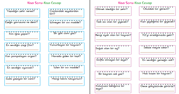 1. Sınıf Türkçe Kısa Soru Cevap ve Doğru Yanlış Etkinliği 4 Sayfa