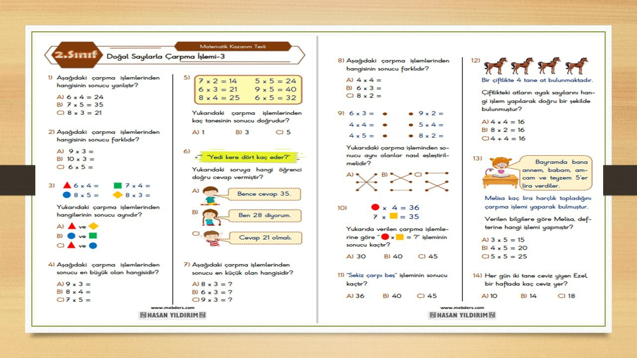 2.Sınıf Matematik Doğal Sayılarla Çarpma İşlemi Testi-3