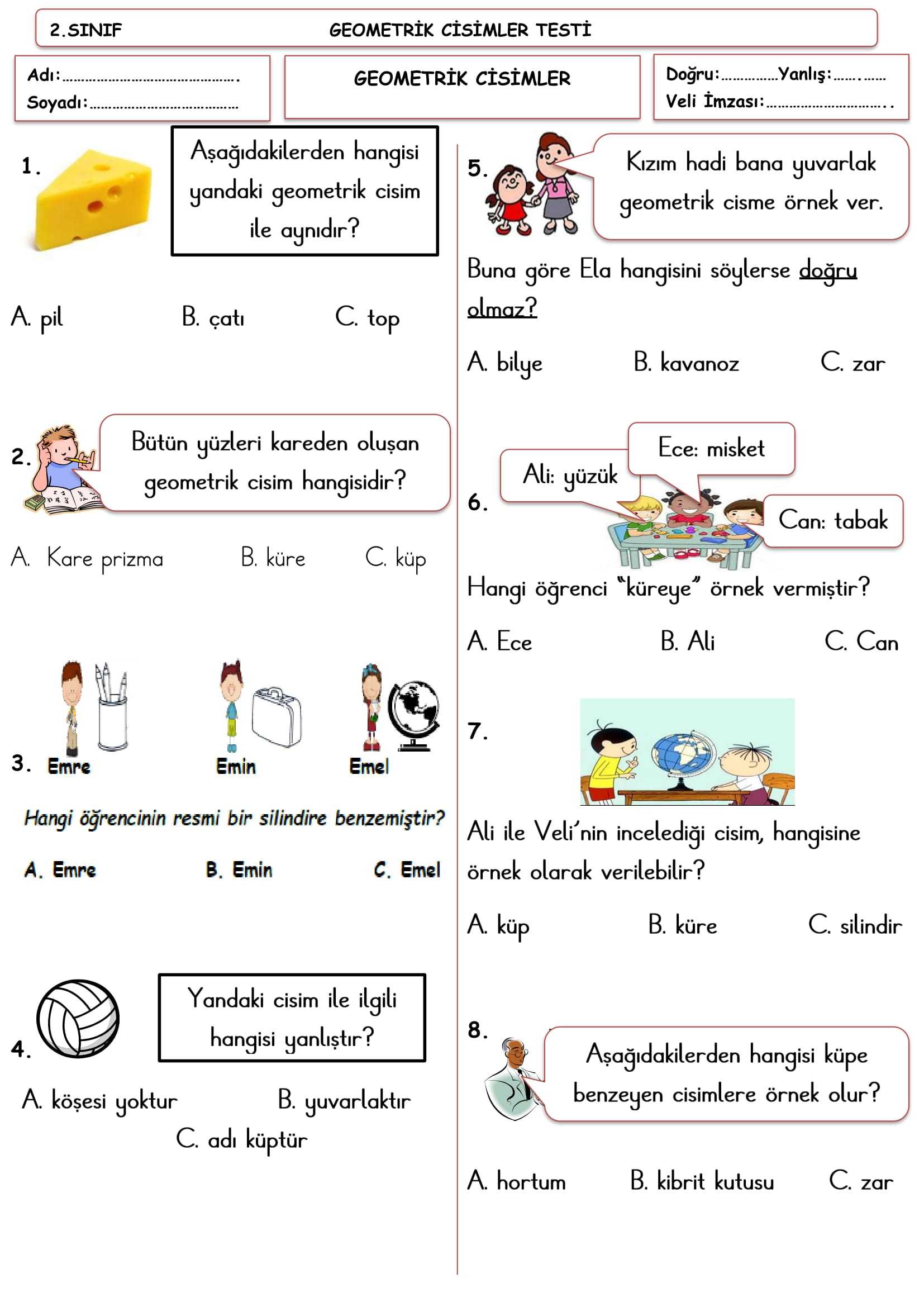 2.Sınıf Matematik Geometrik Cisimler Testi