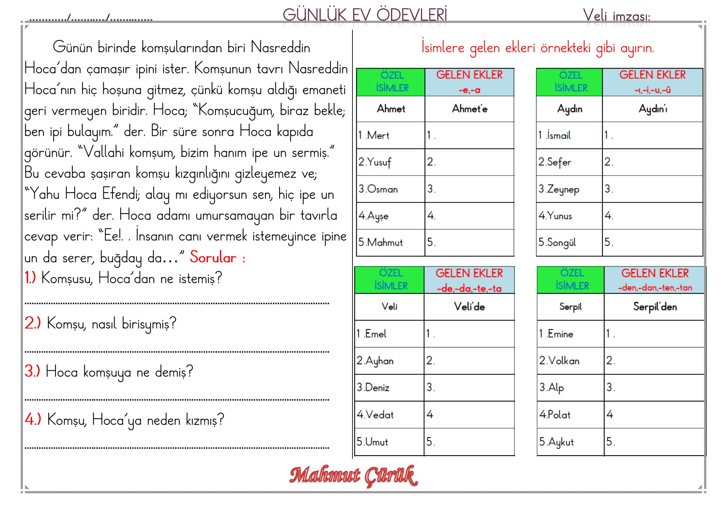 1.Sınıf - 19 Haziran 2026 Günlük Ev Ödevleri