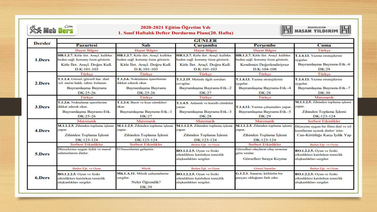 1.Sınıf 20.Hafta(01-05 Mart) Defter Dolum Planı