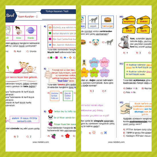 3. Sınıf Türkçe Yazım Kuralları - 1 Kazanım Testi