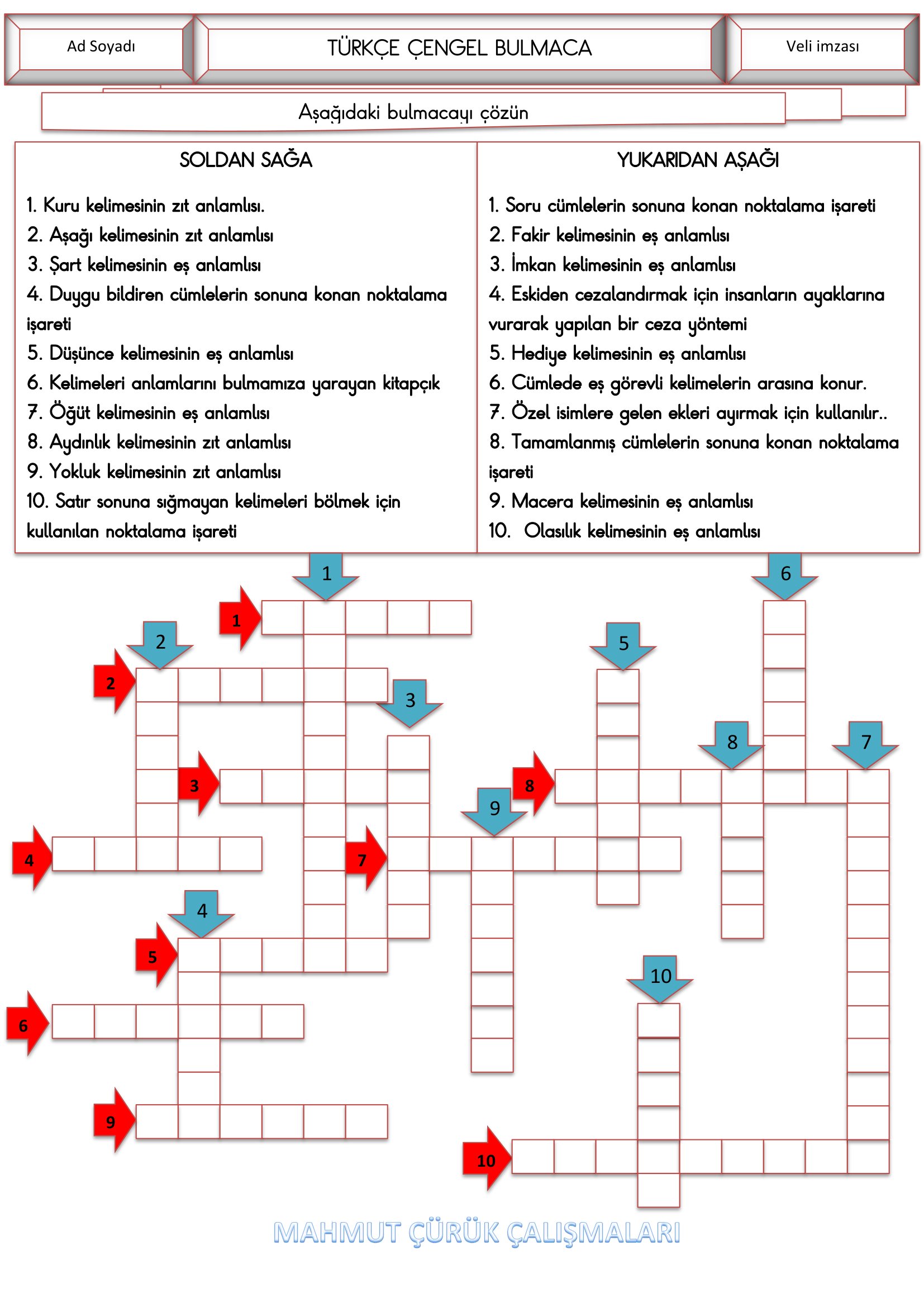 2.Sınıf - Türkçe Çengel Bulmaca Etkinliği