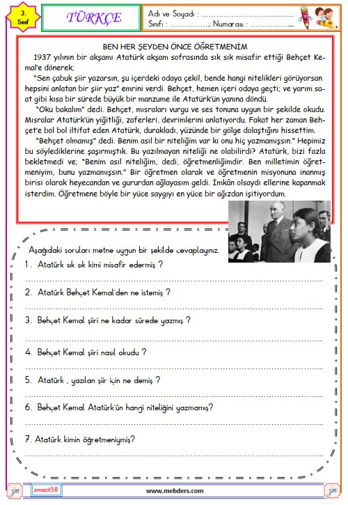 3. Sınıf Türkçe Okuma ve Anlama Metni Etkinliği (Ben Her Şeyden Önce Öğretmenim)