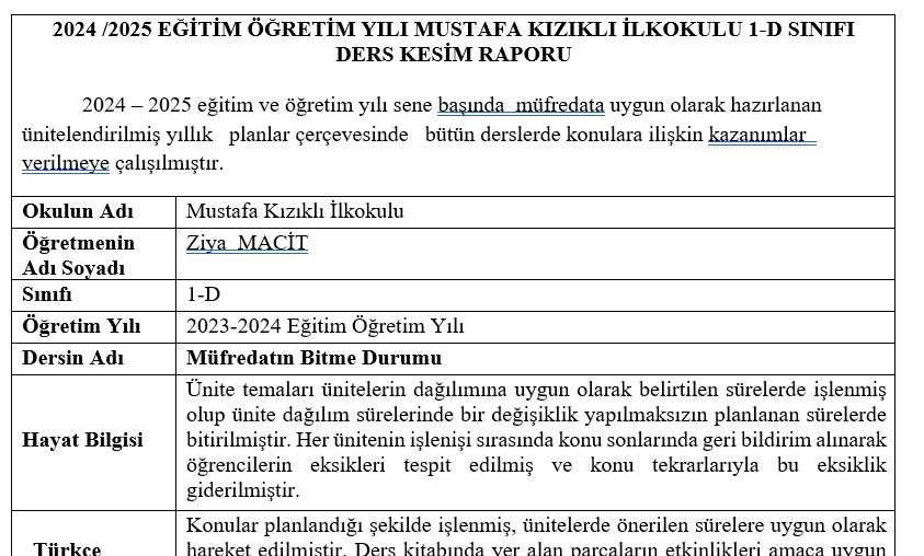 1. Sınıf Ders Kesim Raporu (2024-2025)