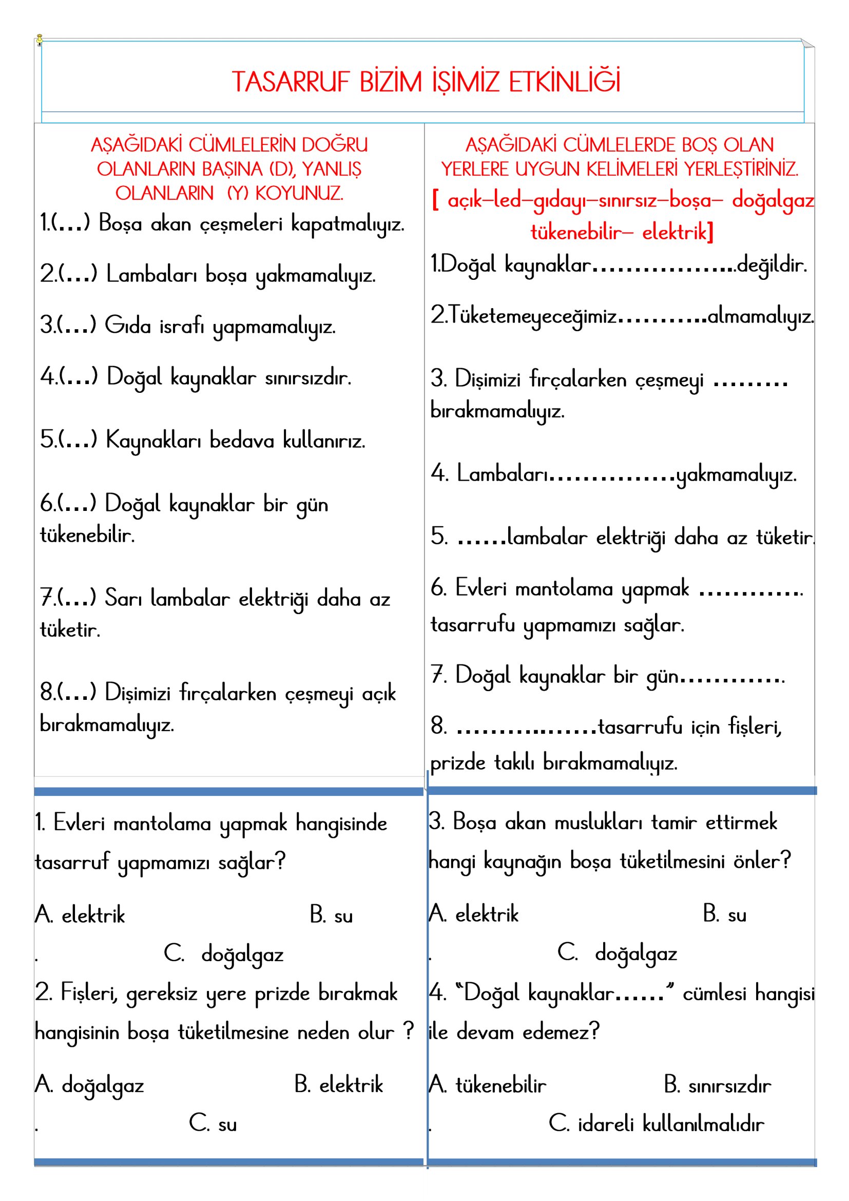 2.Sınıf - Hayat Bilgisi Tasarruf Bizim İşimiz Etkinliği