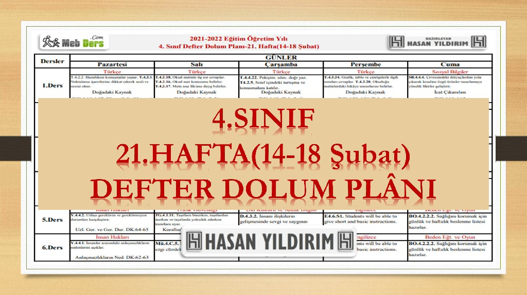 4.Sınıf 21.Hafta(14-18 Şubat) Defter Dolum Planı