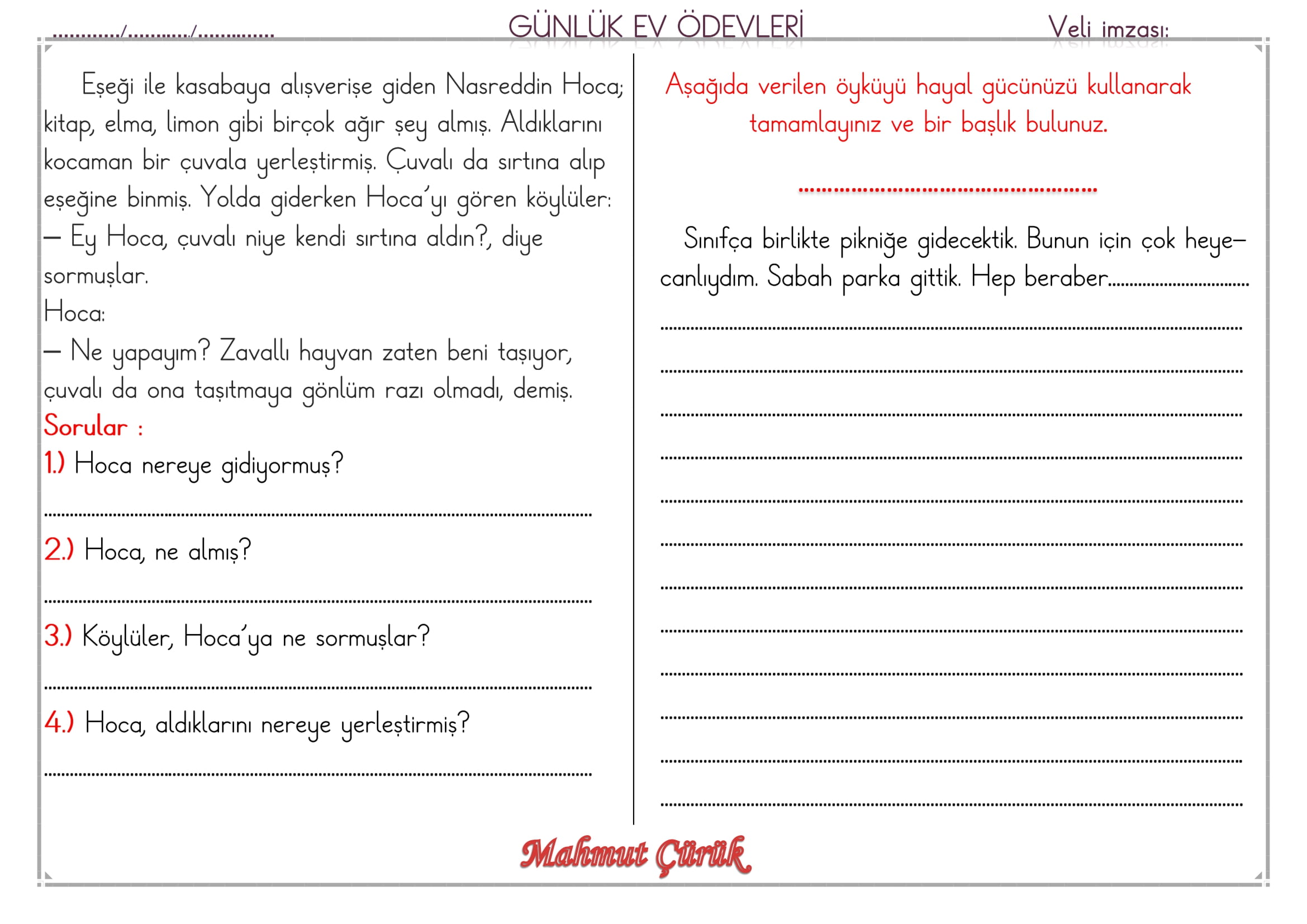 1.Sınıf 29 Mayıs 2025 Günlük Ev Ödevi