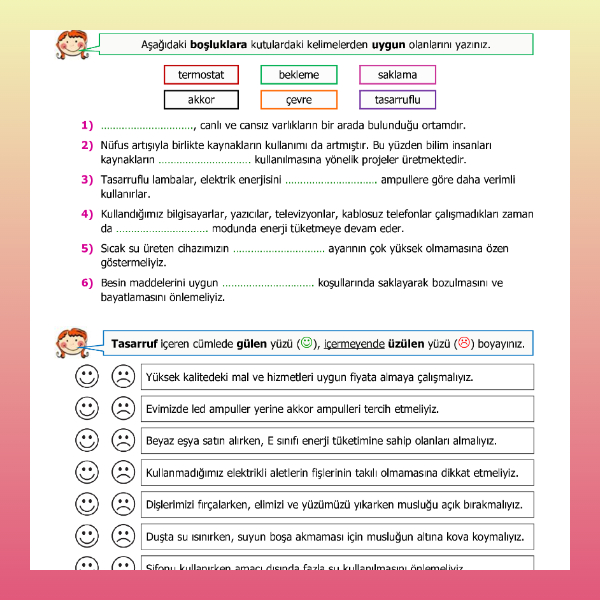 4. Sınıf Fen Bilimleri - Kaynakların Tasarruflu Kullanılması Etkinliği