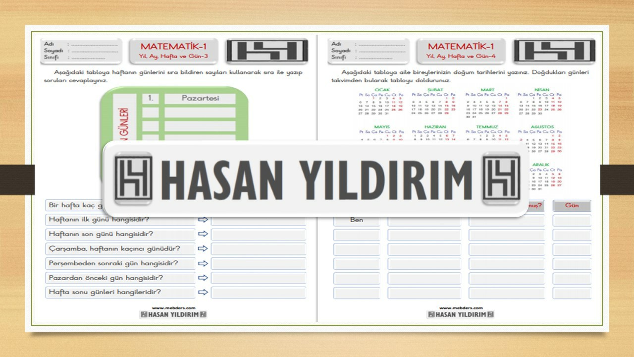 1.Sınıf Matematik Yıl, Ay, Hafta ve Gün Etkinlik Sayfaları