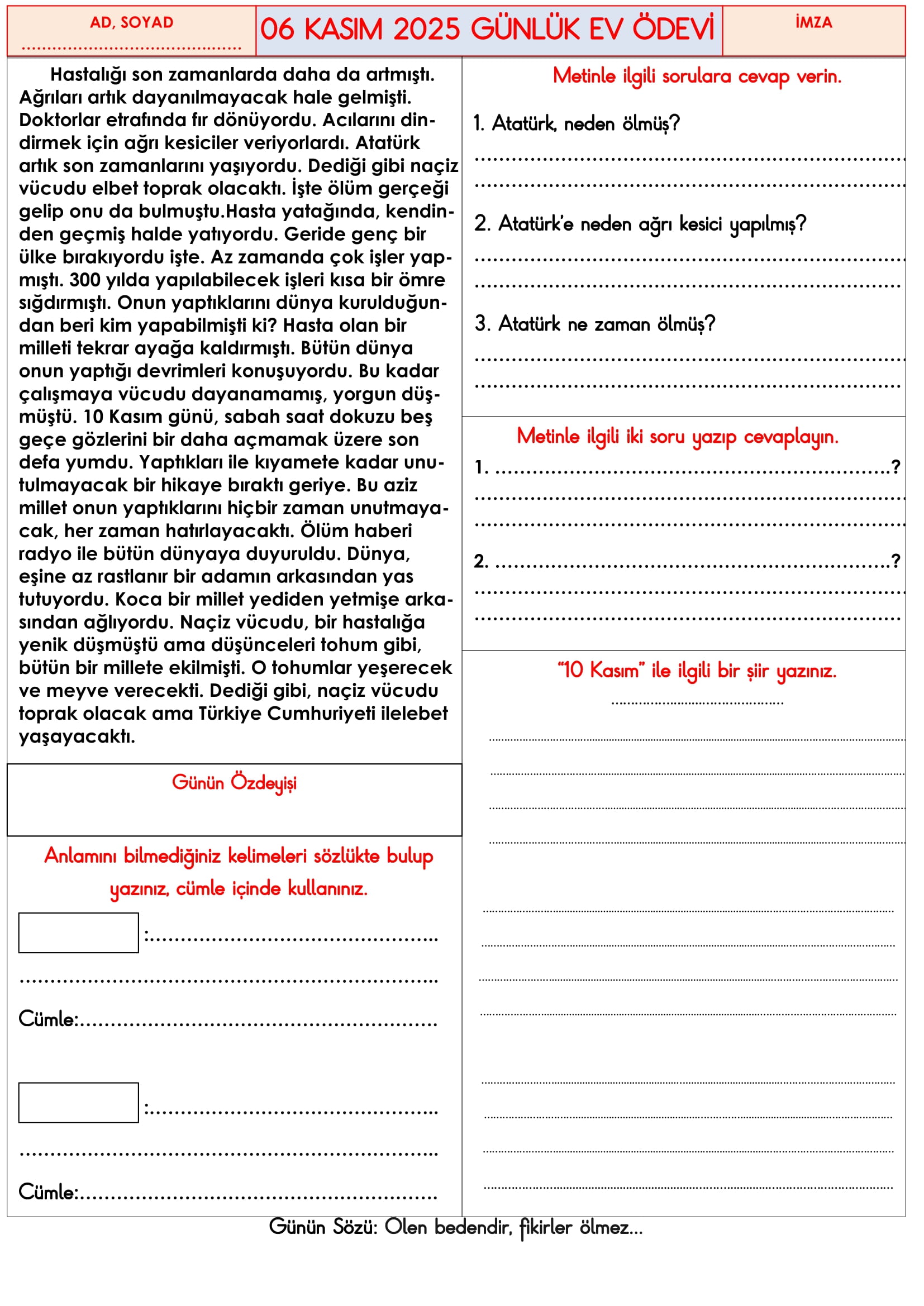 3.Sınıf - 06 Kasım 2025 Günlük Ev Ödevleri