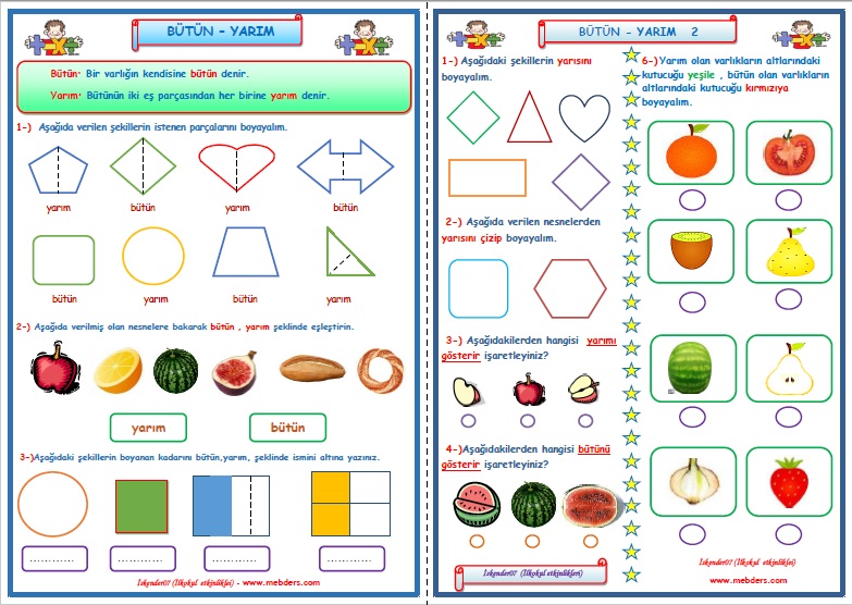 1.Sınıf Matematik Kesirler Bütün Yarım Çalışması  1-2   (2 Sayfa)