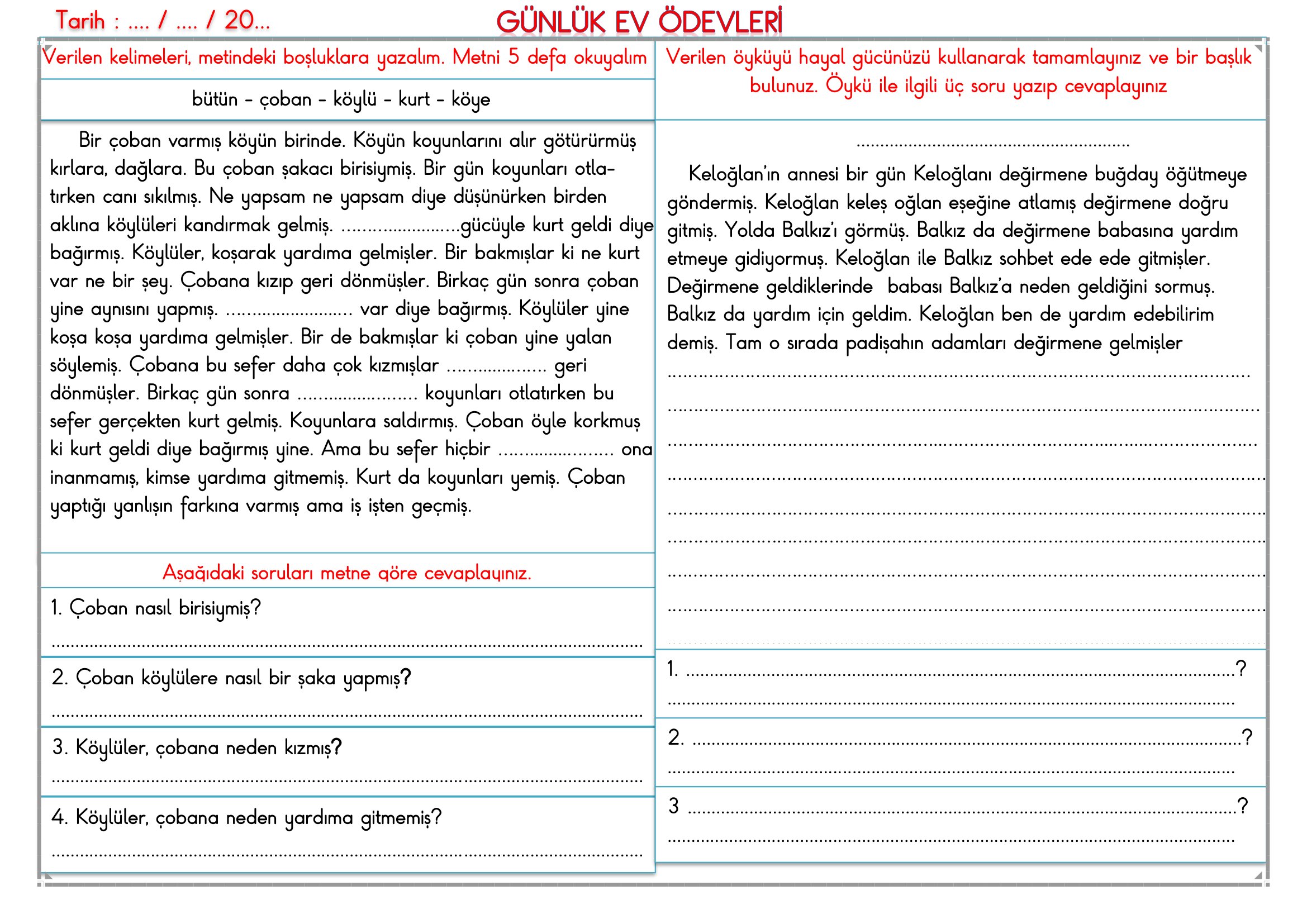 2.Sınıf - 08 Haziran 2026 Günlük Ev Ödevleri