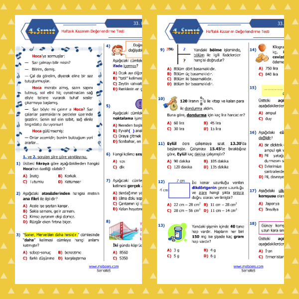 4. Sınıf Haftalık Değerlendirme Testi - 33. Hafta