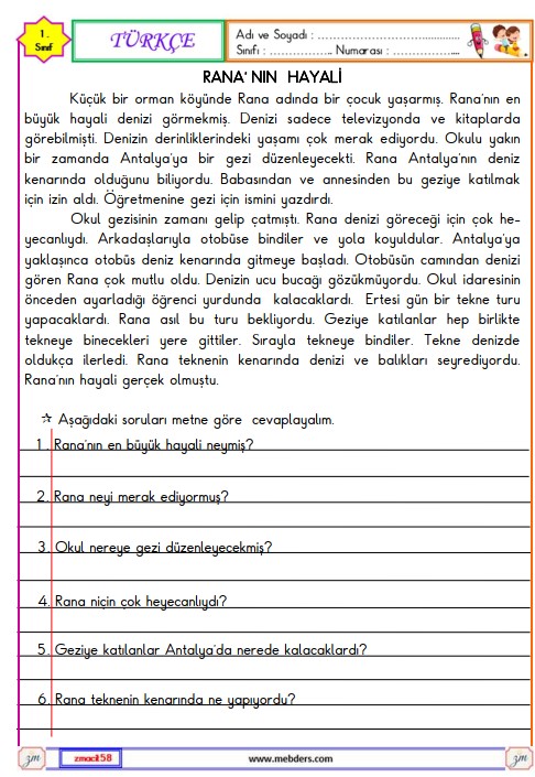 1. Sınıf Türkçe Okuma ve Anlama Etkinliği 23 (Rana'nın Hayali)