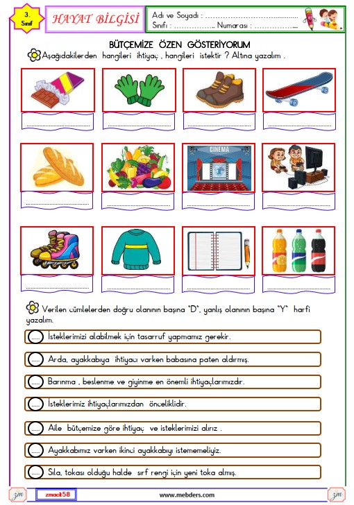 3. Sınıf Hayat Bilgisi İhtiyaçlar ve İstekler Etkinliği