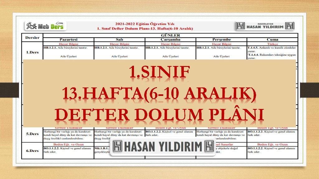 1.Sınıf 13.Hafta(6-10 Aralık) Defter Dolum Planı