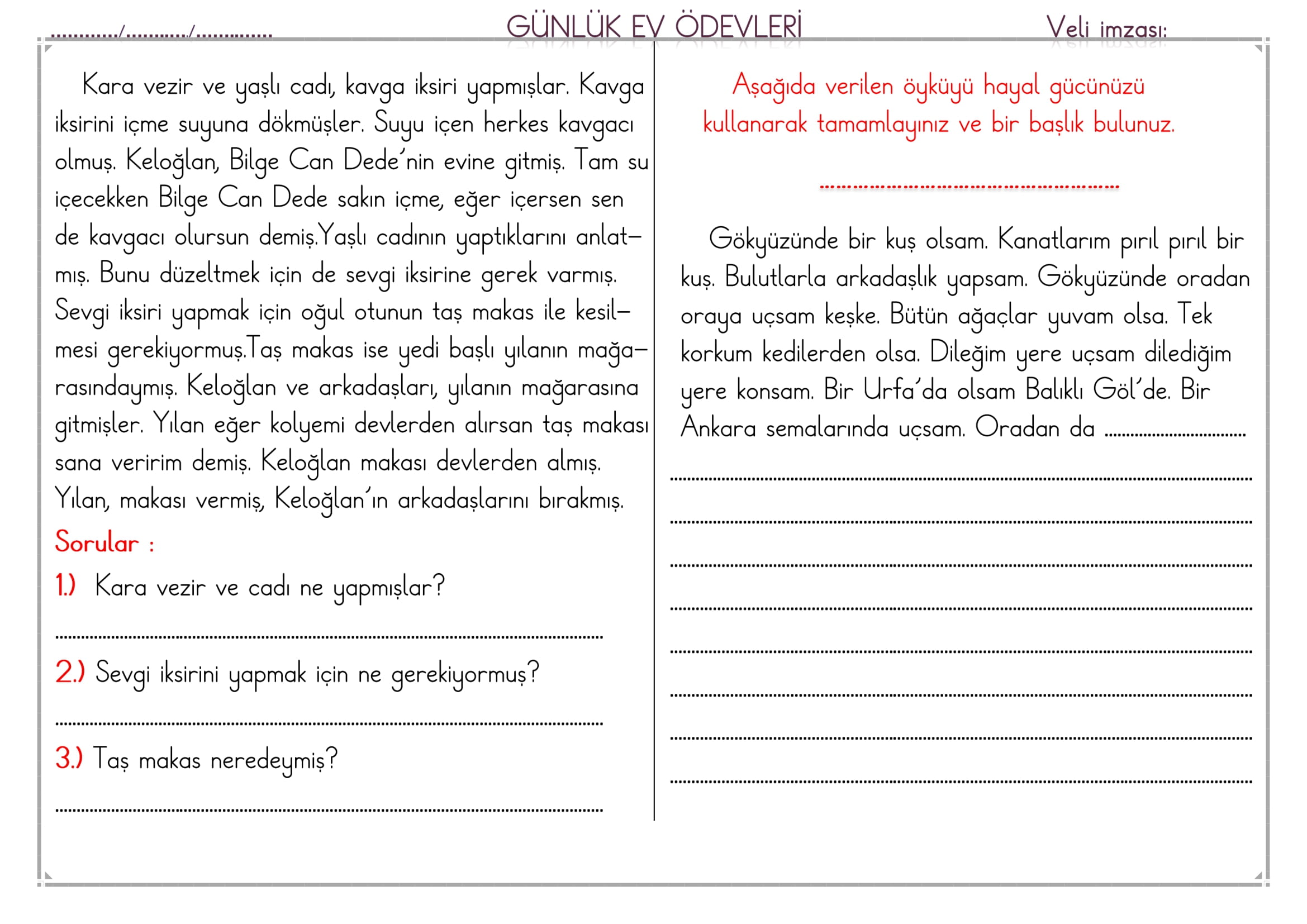 1.Sınıf 03 Mart 2025 Günlük Ev Ödevi