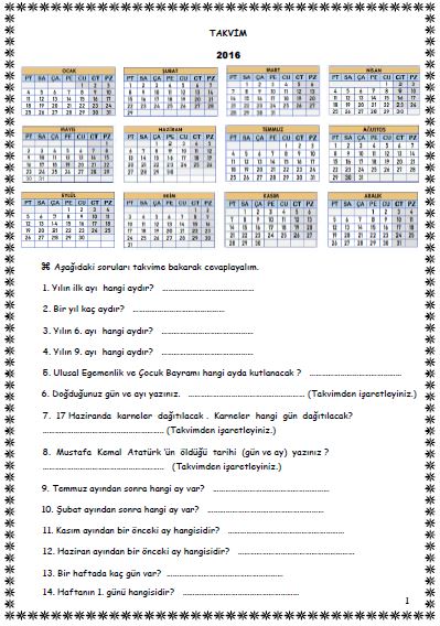 1. Sınıf Matematik Takvim Etkinliği 4