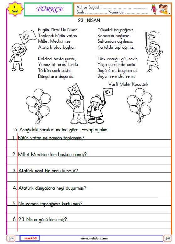 1. Sınıf Türkçe Okuma ve Anlama Etkinliği (23 Nisan)