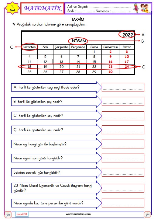 1. Sınıf Matematik Takvim Etkinliği 1