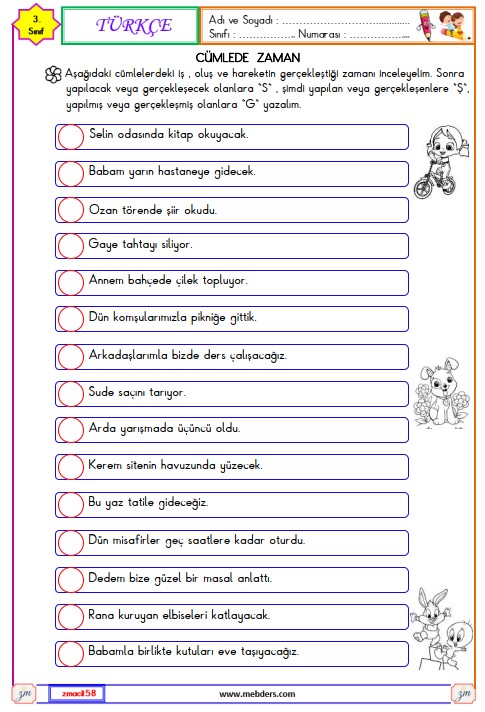 3. Sınıf Türkçe Cümlede Zaman Etkinliği 7