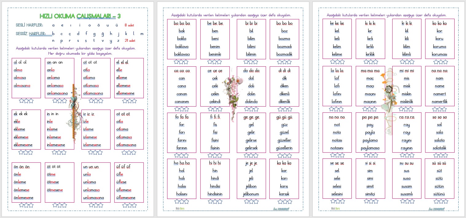 1. Sınıf Okumayı Hızlandırma Çalışması 3(Hızlı Okuma) 4 Sayfa