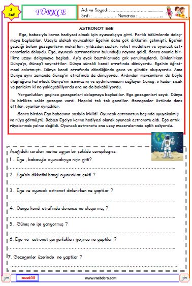 3. Sınıf Türkçe Okuma ve Anlama Metni Etkinliği (Astronot Ege)
