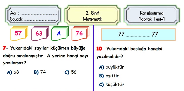 2.Sınıf Matematik Doğal Sayılar-Karşılaştırma-Yaprak Test-1