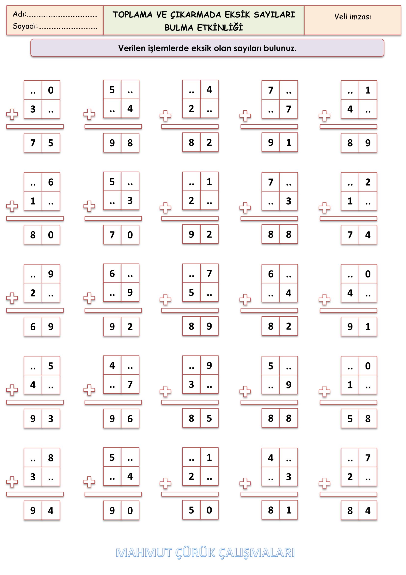 2.Sınıf - Matematik Toplama ve Çıkarmada Eksik Sayıları Bulma Etkinliği
