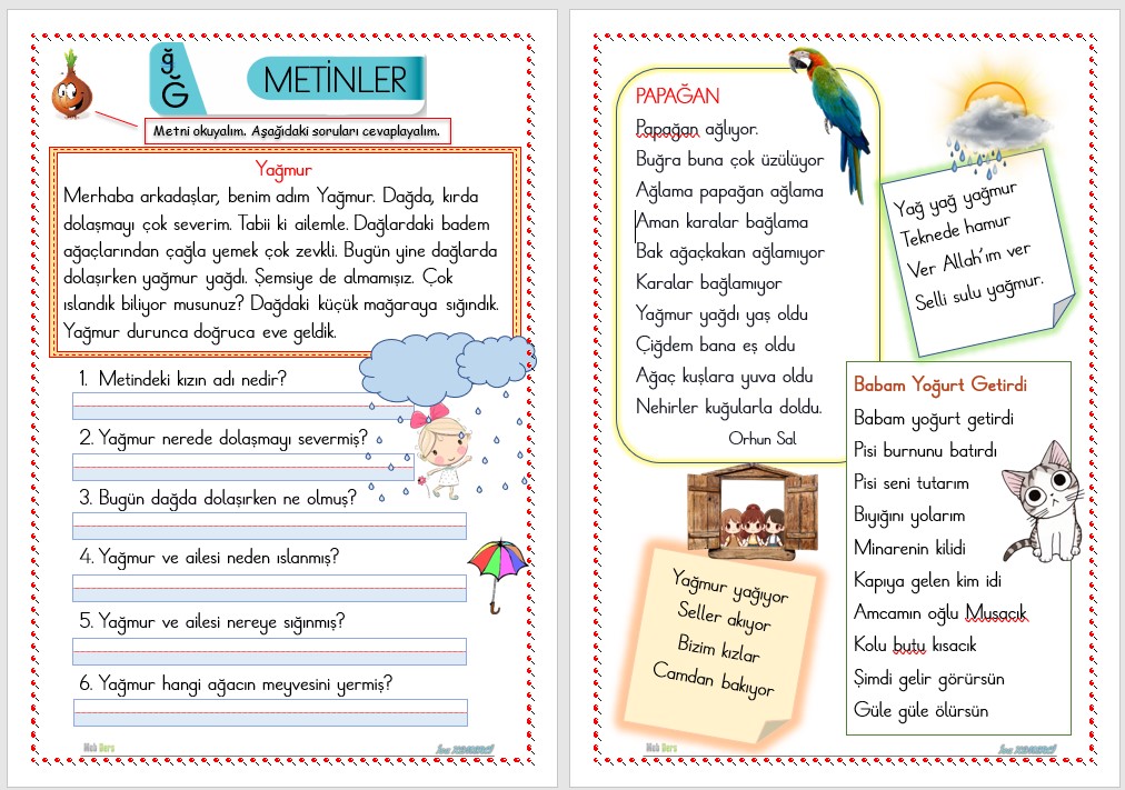 1. Sınıf İlk Okuma Yazma Ğ Sesi METİNLER