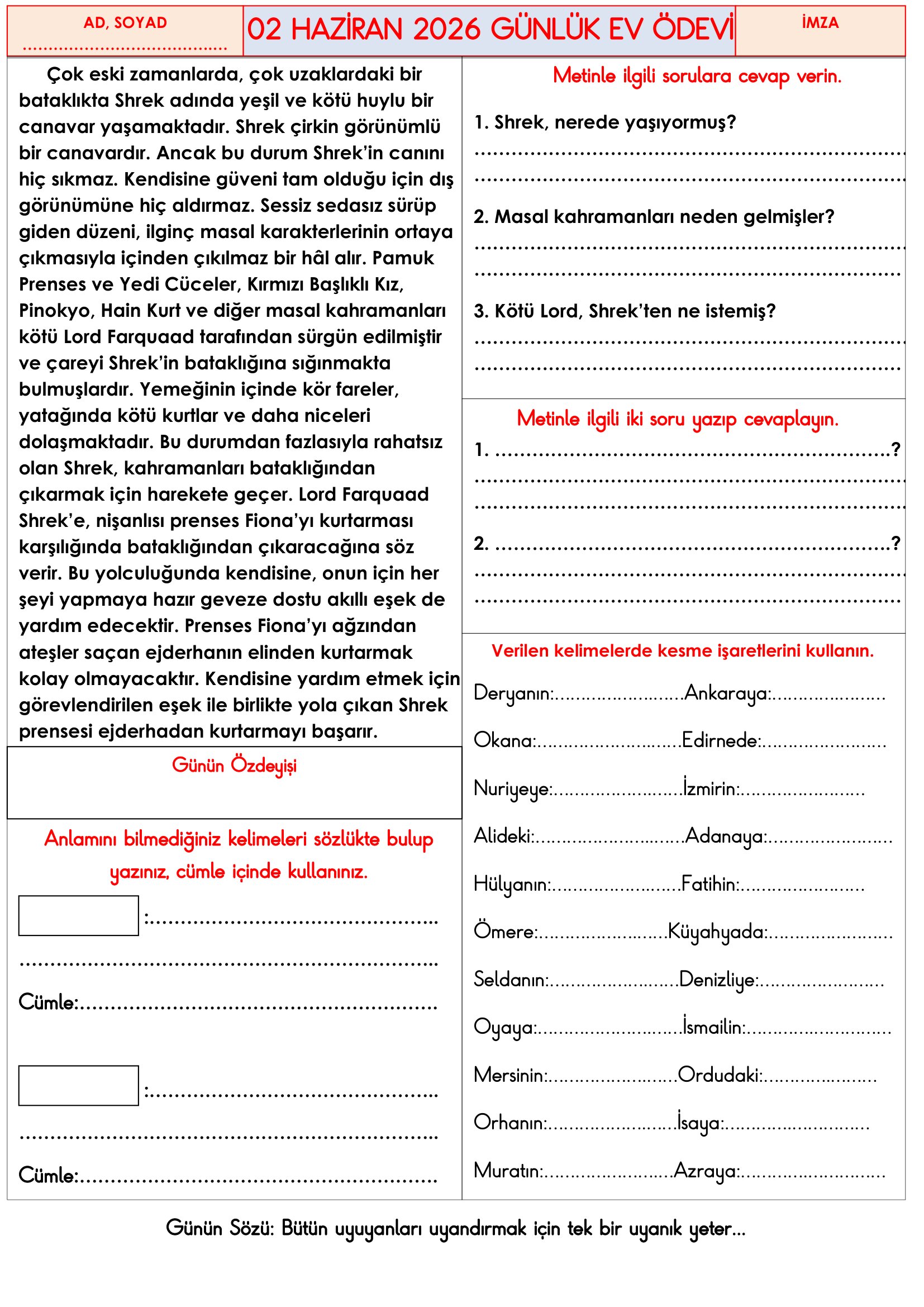 3.Sınıf - 02 Haziran 2026 Günlük Ev Ödevleri
