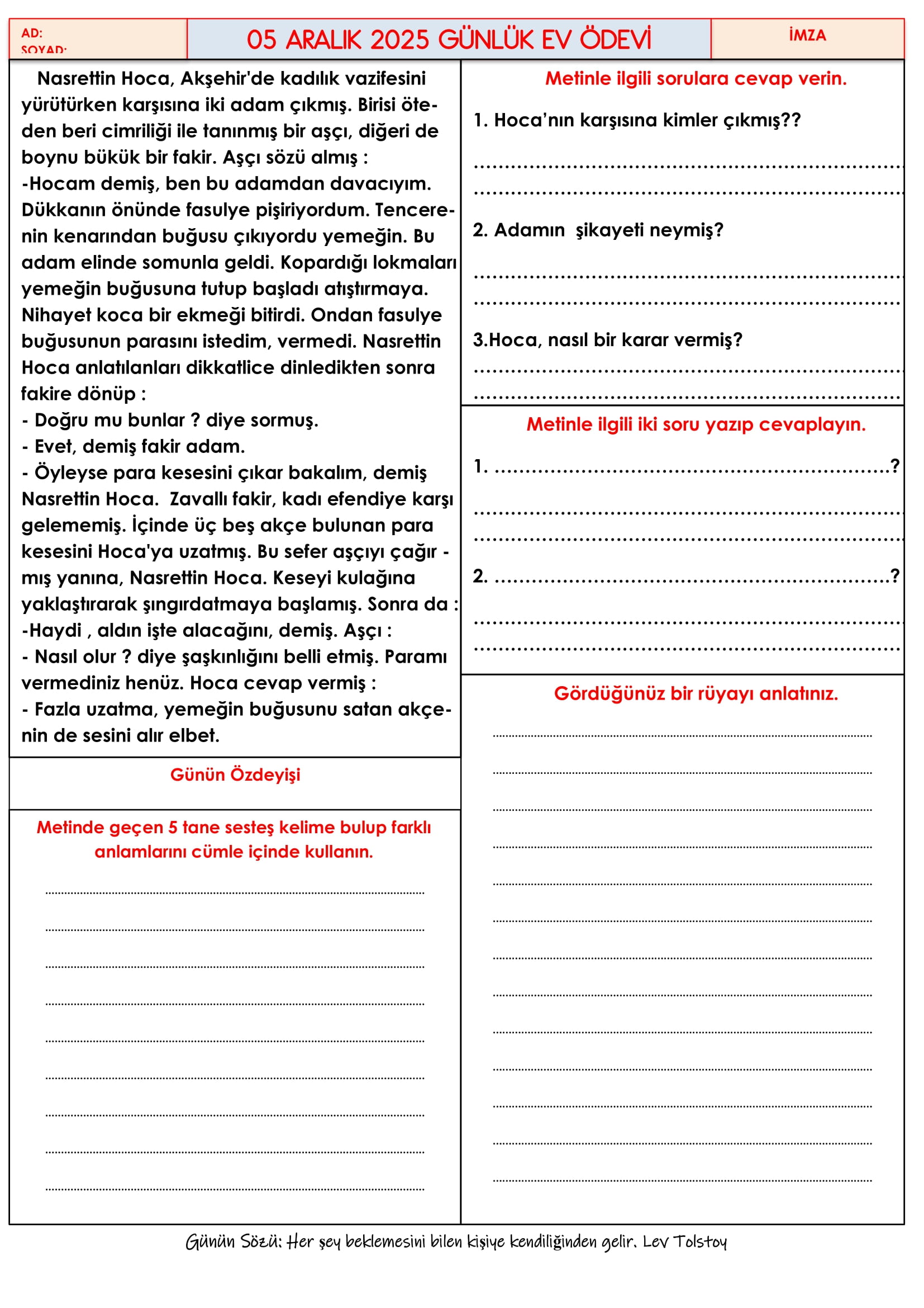 4.Sınıf - 05 Aralık 2025 Günlük Ev Ödevleri