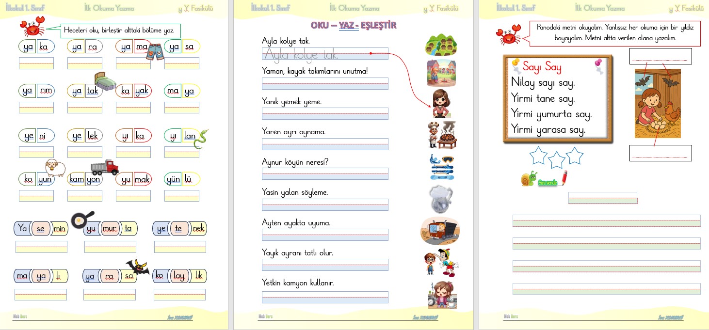 1. Sınıf İlk okuma Yazma Y Sesi FASİKÜLÜ 10 sayfa