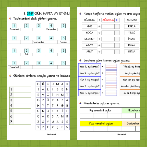 1. Sınıf Matematik Gün Hafta Ay Etkinliği - 2