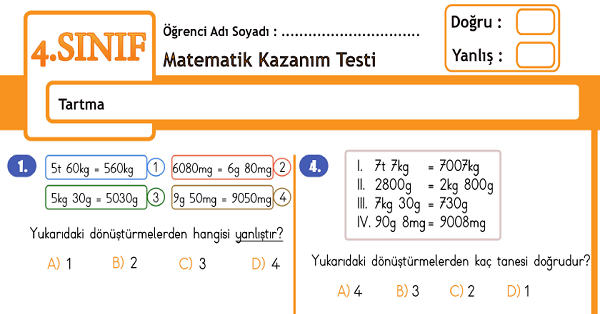 4.Sınıf Matematik Tartma Kazanım Testi