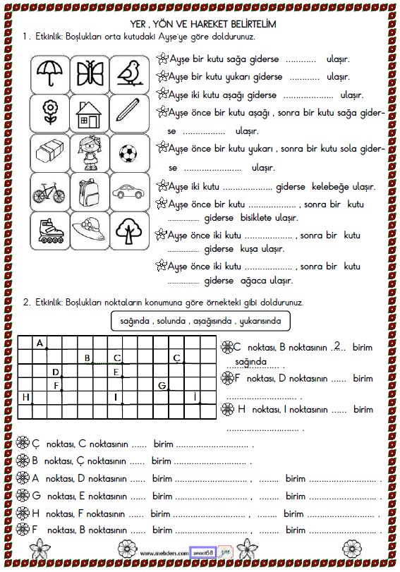 2. Sınıf Matematik Yer , Yön , Hareket Belirtelim Etkinliği 2