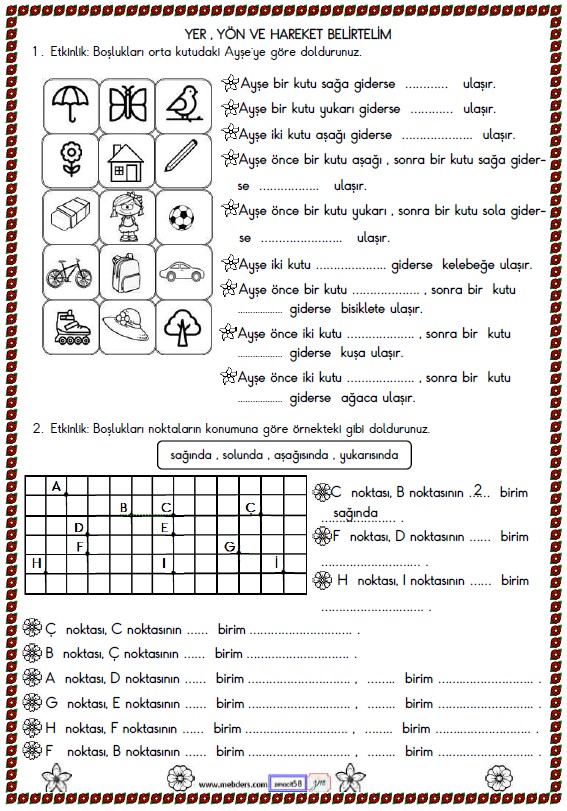 2. Sınıf Matematik Yer , Yön , Hareket Belirtelim Etkinliği 2