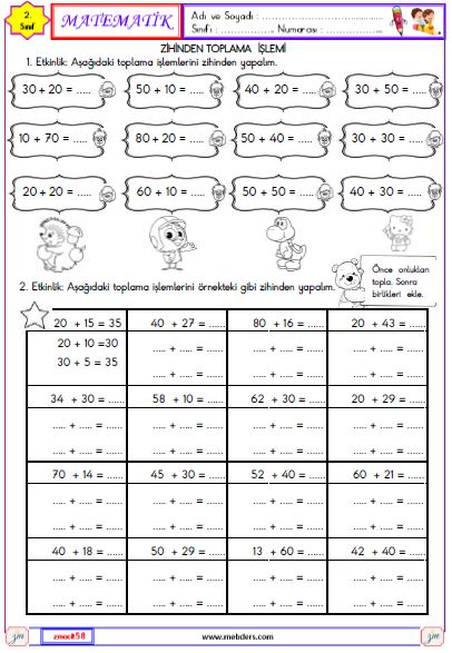 2. Sınıf Matematik Zihinden Toplama İşlemi Etkinliği 1