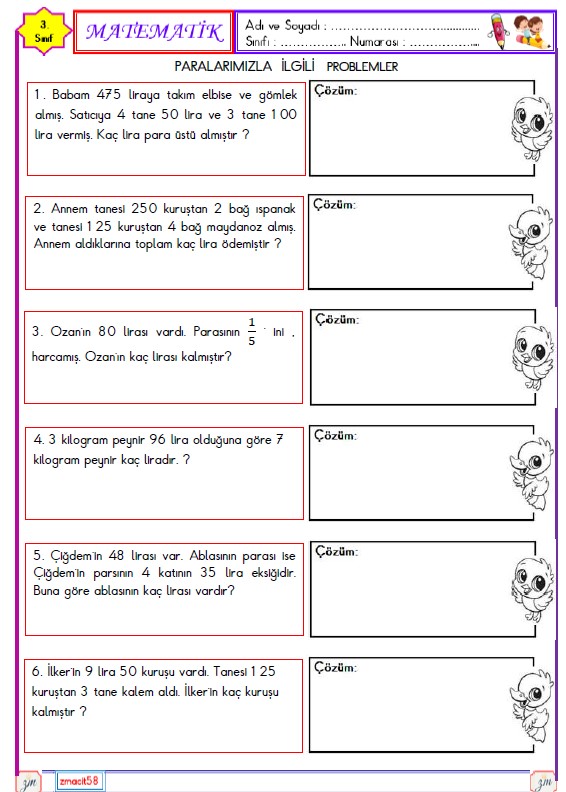 3. Sınıf Matematik Paralarımız ile İlgili Problemler Etkinliği 4