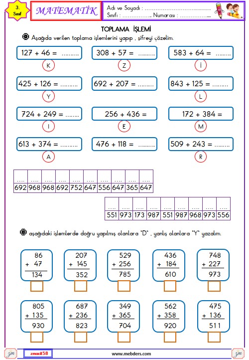 3. Sınıf Matematik Toplama İşlemi Etkinliği 2